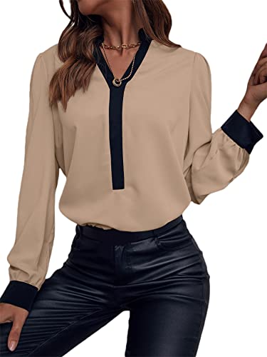 Shein Women's Elegant V-Neck Contrast Trim Bishop Sleeve Blouse Shirt Tops Khaki M #TOP14