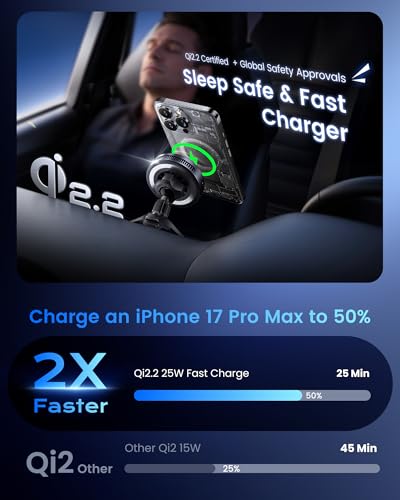 Image of Qi2.2 25W Wireless Car Charger Magnetic Phone Holder Mount for Magsafe with Cooler for Air Vent, Wireless Fast Charger 25W for iPhone 16-17 Series with iOS 26,15W for iPhone 12-15 (Grey)