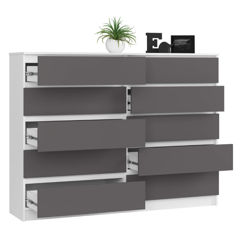BDW: Cómoda con 10 cajones, cómoda K160, aparador, Muebles para salón, Dormitorio y recibidor, Armario de Oficina, Material Robusto y diseño Moderno - 160x40x121 cm, Blanco/Gris