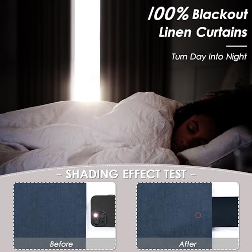 Image of Vintage Blue 100% Blackout Linen Curtains 108 Inches Long for Bedroom Back Tab Thermal Insulated Vintage Farmhouse Decor Black Out Curtain for Living Room Floor to Ceiling High Window 52x108, 2 Panels