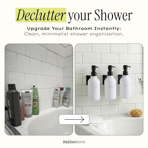 Image of Shampoo and Conditioner Dispenser Wall Mounted Set of 3 White Black - No Drill Shower Soap Dispenser for Bathroom Refillable - Spa Hotel Style Accessories by MaisoNovo
