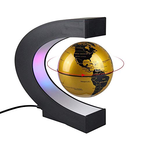 au-kee 3 inch C Shape Magnetic Levitation Floating Globe Maglev Globes World Map with LED Light for Teaching Home Office Desk Decoration Golden