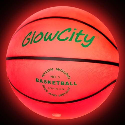 GlowCity Glow in The Dark Basketball - Size 5 Light Up Ball for Girls & Boys Gifts - Red Glow for Outdoor Games - Sports Birthday Gift Ideas for Kids Ages 6 7 8 9 10 - Basketball Gear Accessories