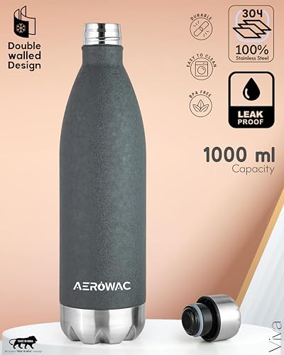 Image of 304 Stainless Steel Viva Insulated Flask 1000ml | Hot & Cold 24 Hours | Double Wall, Lightweight, Leak Proof, BPA-Free Bottle | Ideal for Office, Gym, School & Travel (Dark Grey, Pack of 1)