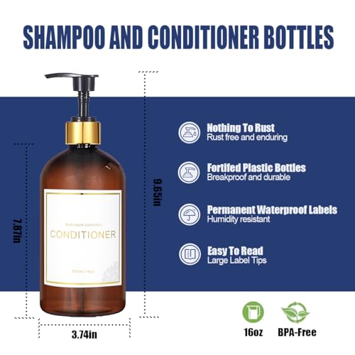 Image of Akalin 16oz Shampoo and Conditioner Dispenser, Set of 3 Shampoo Bottles Refillable with Pump, 3 Shampoo and Conditioner Bottles, Shower Bottles Refillable with 6 Waterproof Labels (Brown)