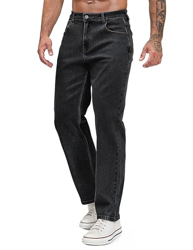 Ushdele Mens Regular Fit Stretch Jeans Straight Leg 5-Pocket Classic Comfort Flex Denim Pants Black 32W34L