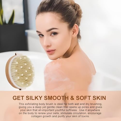 Image of Wooden Bath Brush with Massaging Nodes for Dry brushing | Wet and Dry Bath Brush for Cellulite and Lymphatic, Suitable all skin for Women & Men