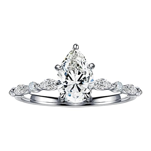 MOOSEA 1.5ct Pear Cut Moissanite Rings for Women, D Color VVS1 Clarity Lab Created Diamond Wedding Rings 14K White Gold Vermeil 5 Claw Marseille Moissanite Engagement Rings for Women