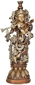 Amazon Brand Umi Krishna Statue Brass Idol Krishna with Flute Copper Silver, Height: 20 inches