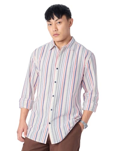 Image of The Souled Store Cotton Linen Stripes: Apricot Men and Boys Long Sleeves Collared Neck Orange Stripes Regular Fit Lightweight Comfortable Summer Cotton Linen Shirts