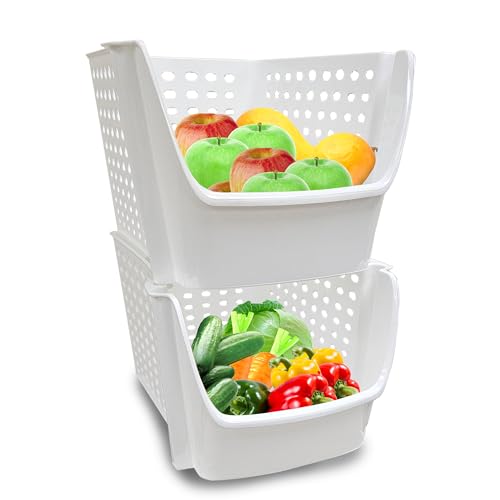 Skywin TidyFriend Plastic Stackable Storage Bins for Pantry -2 Pack Stackable Bins For Organizing Food, Kitchen, and Bathroom Essentials (White)