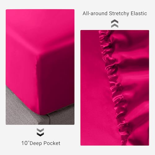 Image of Soft and Silk Satin Fitted Bedsheet for Single Size 36X75 +12 in - Elastic Fitted Sheet 400 TC Hotel Collection for Bedroom | Fitted Sheet with Pillow Cover Hot Pink, Single Bed