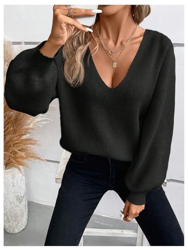 Image of GORGLITTER Women's Bow Fall Sweaters 2025 Cable Knit Chunky Oversized Long Sleeve Backless V Neck Pullover Tops