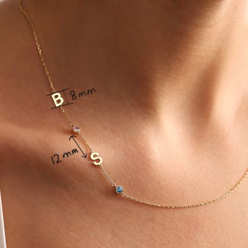 Dainty Sideways Initial Birthstone Necklace, Personalized 18K Gold Plated Letter Necklace Custom Name Necklace Customized Jewelry Birthday Christmas Gifts for Women2