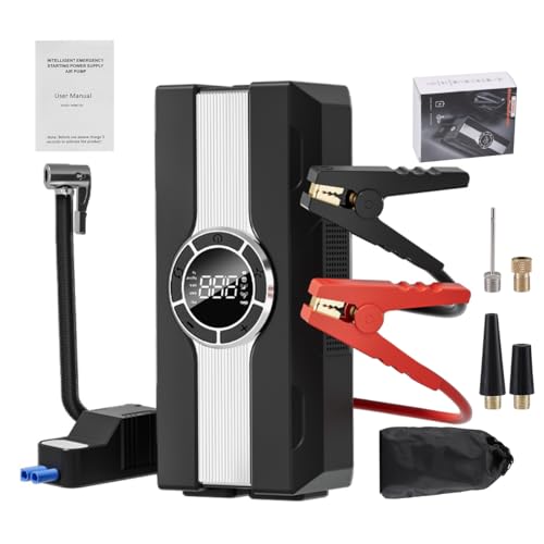 Arrancador de coche con compresor de aire de 150 PSI, arrancador de batería de coche, amplificador de batería portátil de 12 V para todos los gases/diésel de 10 L, banco de energía con pantalla LCD