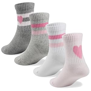COTTON DAY Kids Girls Pink White Crew Athletic Socks with Retro Stripes Hearts