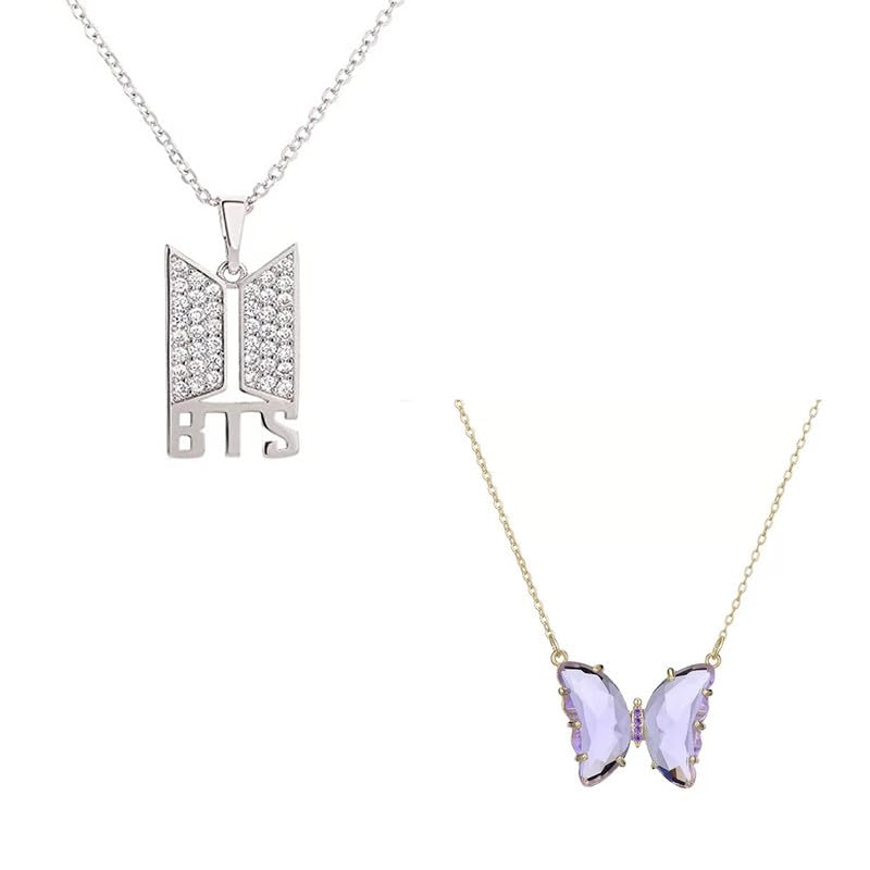 avira Charming BTS Stud and Purple Crystal Butterfly Pendent for Women and Girls Gold-plated Plated Alloy Necklace Set-picture-15