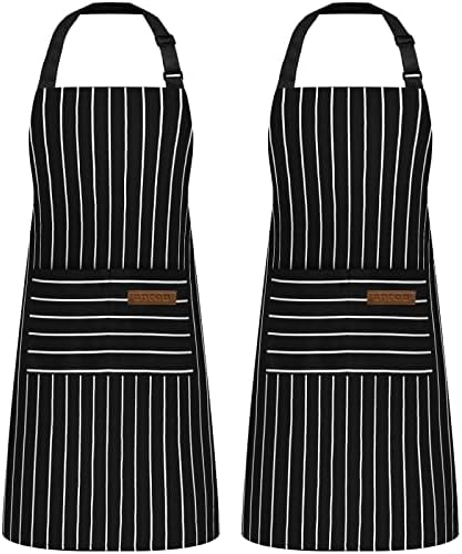 Riqiaqia 2 Pack Kitchen Cooking Aprons, Soft Cotton Apron with 2 Pockets for Women Men Chef (Black Stripes,2)