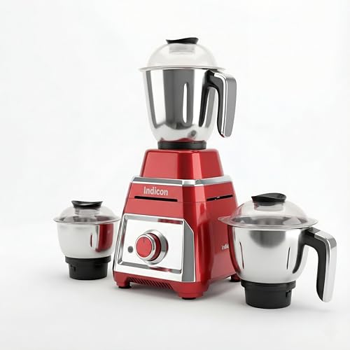 Image of indicon Thar 1HP (1000 Watts) Mixer Grinder, 3 Jars, Red | Heavy Duty Copper Motor for Grinding, Blending & Mixing | Stainless Steel Blades, Multi-Speed, Durable Kitchen Power Tool