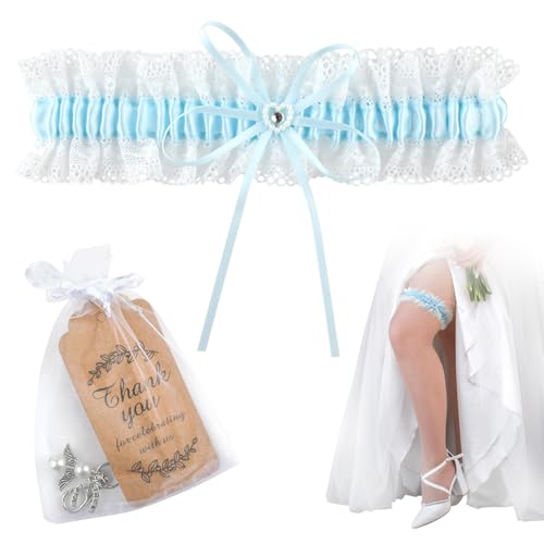 Strumpfband Blau Hochzeit mit Weißer Spitze, Weflay Braut Geschenk Garter Belt Blaues Strumpfband mit Schleife Schutzengel Schlüsselanhänger...