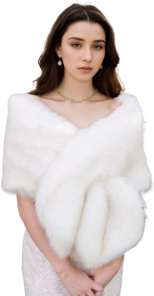 DJBM Women's Faux Fur Shawl Wraps Cloak Coat Sweater Cape for Evening Party