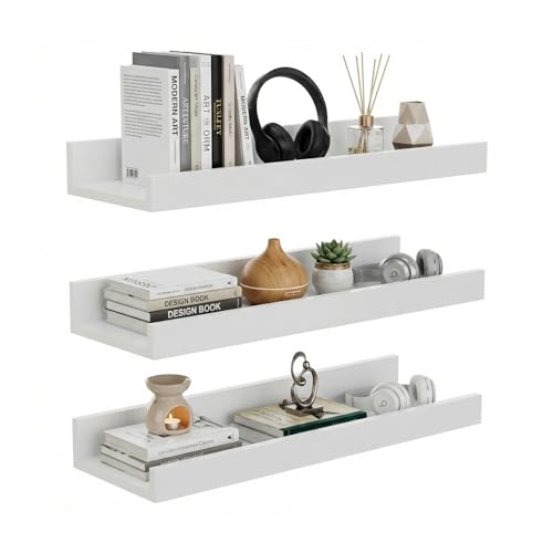 PURELLEL Étagère Murale 3 Pièces Blanche 40 cm – Lot de 3 Tablettes Flottantes pour Photos, Livres & Épices – pour Salon, Cuisine, Salle de Bain