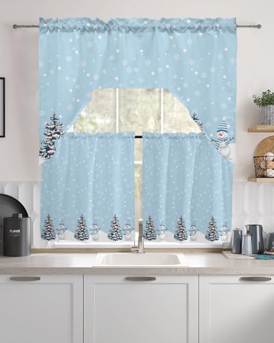 Christmas Snowman Swag Kitchen Curtain Sets with Valance, 3 Pieces Rod Pocket Curtain Drapes for Bedroom Living Room Bathroom Cafe Windows, Winter Snowflake Tree Blue 56''x36'' & 24''x27.5''x2Panels
