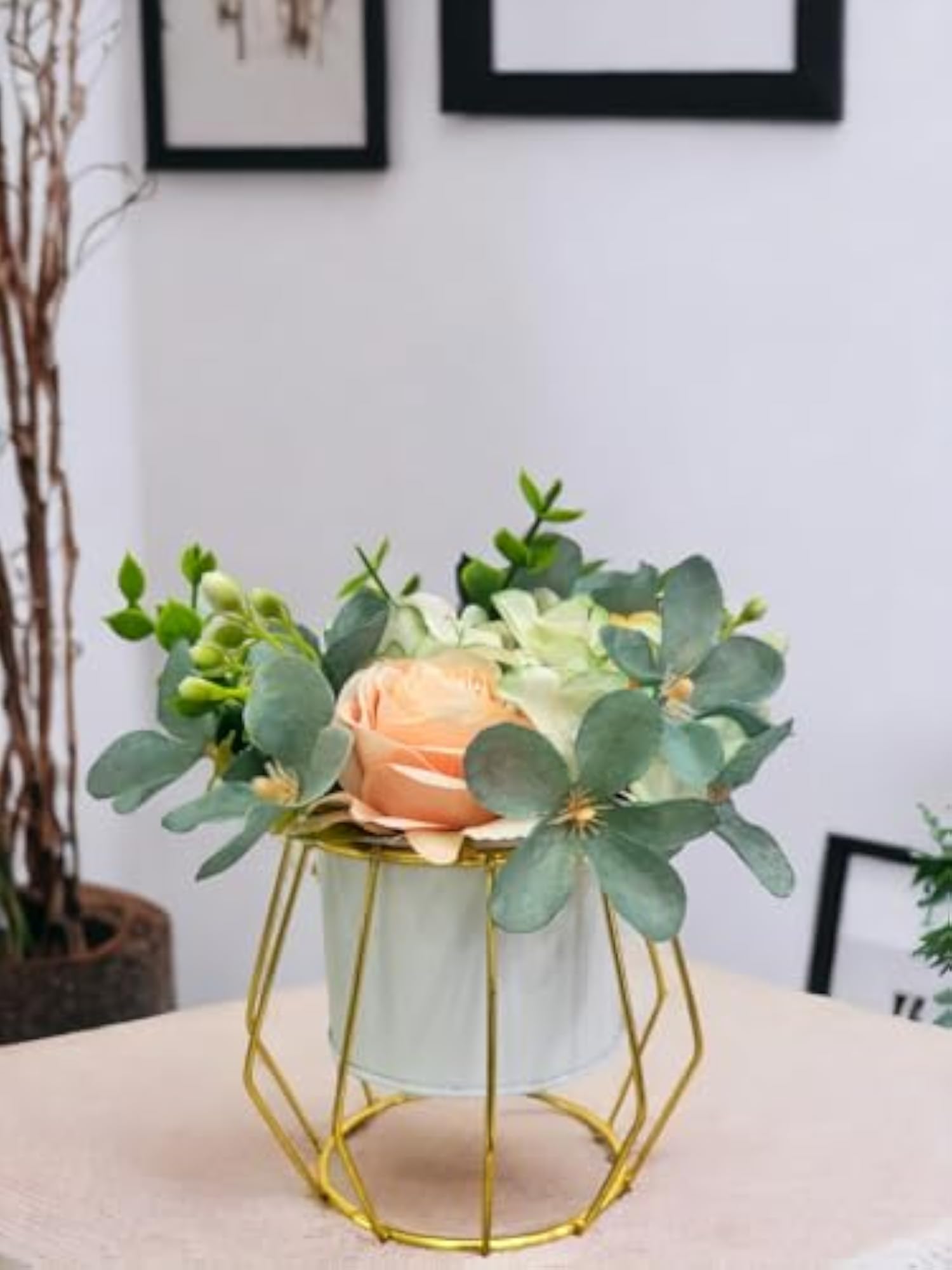 Tabletop Artificial Flowers in Metal Frame Vase