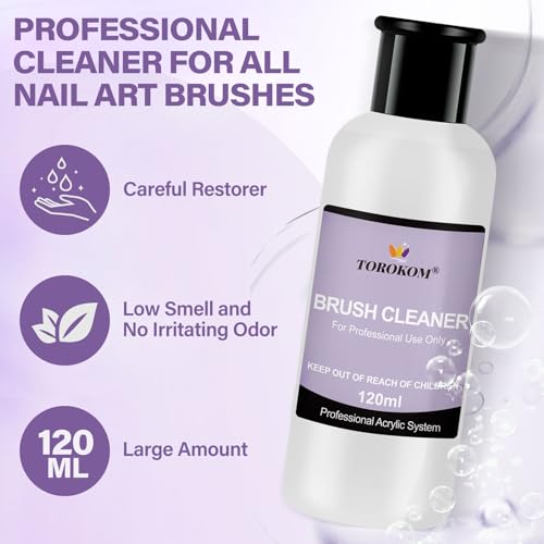 TOROKOM Acrylic Nail Brush Cleaner, 120ml Large Capacity Nail Art Brush Cleaner Conditioner for Quickly Clean Solid Gel Polish/Nail Extension Gel/Acrylic Nails with Dappen Dish and Nail Cleaning Pads - Thumbnail 3