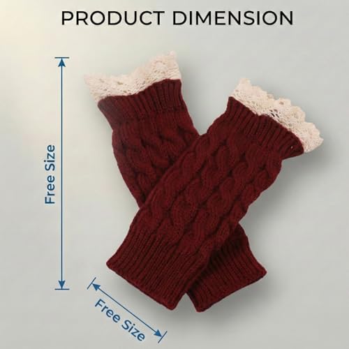 Image of Kraptick Women's Cable Knit Fingerless Gloves - Winter Arm Warmers with Elegant Lace Trim & Thumb Hole - Soft Woolen Thermal Half Finger Mittens for Typing, Driving & Office Work (Free Size, khaki)-1