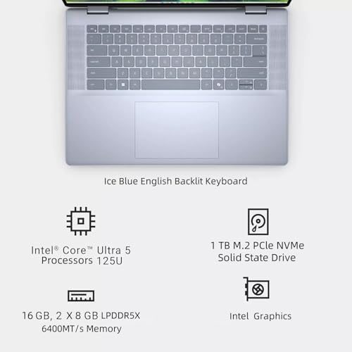 Image of Dell inspiron 16 2 in 1 Laptop, 16 inch FHD+ Touch Screen Business Laptop, Intel Ultra 5 Processor, 16GB LPDDR5X, 1TB SSD, Backlit Keyboard, Ice Blue, 32GB USB Flash Drive, Windows 11 Pro, Accessories