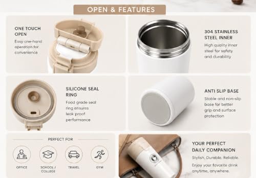 Image of 350ml Stainless Steel Travel Coffee Mug - Double Wall Vacuum Insulated Thermal Tumbler with Leakproof Flip Lid | Hot & Cold Coffee Cup for Office, Travel & Car (White)