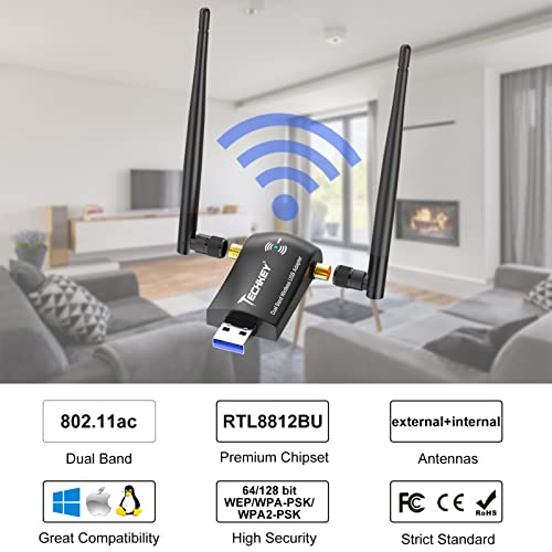 Usb Wifi Wireless Adapter For Pc - Techkey 1200Mbps Dual Band 2.4Ghz/300Mbps 5Ghz/867Mbps High Gain Dual 5Dbi Antennas Network Wifi Usb 3.0 For Desktop Laptop With Windows 10/8/7/Xp Mac Os/10.9-10.15… #TOP3