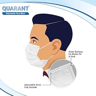 QUARANT Meltblown - SMMS Fabric 3 Ply Disposable Face Mask with Nose Clip and Reusable Travel Pouch for Unisex