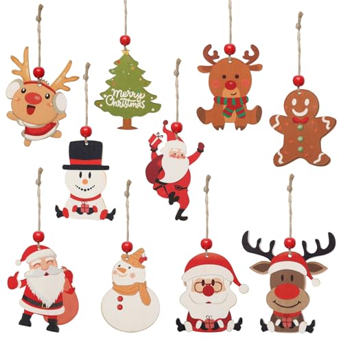 10Pcs Wooden Christmas Theme Ornaments, Flat Snowman Santa Claus Reindeer Gingerbread Man Pendants, Cute Christmas Tree Decorations Hanging Ornaments for Home, Party, Winter Decor