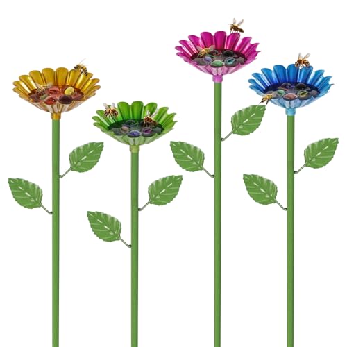 Bee Watering Station, 4 Pack Metal Bee Cups for Garden, Bee Feeder for Thirsty Pollinators with 20 Glass Marbles, Butterfly Feeder Yard Decor, Outdoor Colorful Flower Design