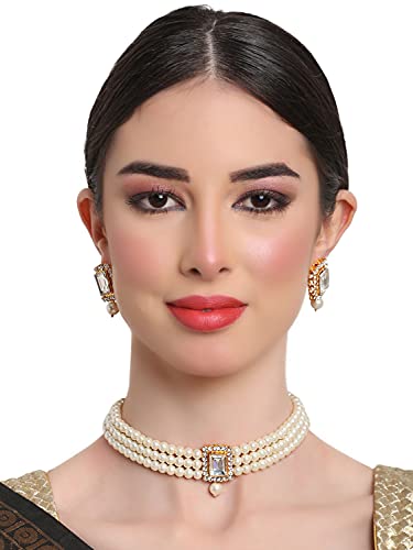 Shining Diva Fashion 18k Gold Plated Latest Stylish Traditional Pearl Choker Necklace Jewellery Set for Women