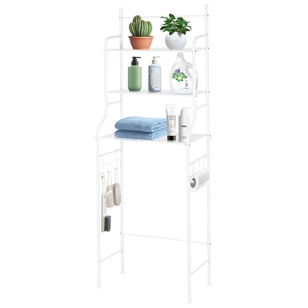 Supfine Scaffale WC a 3 ripiani, con gancio, per lavatrice sopra il WC o la lavatrice, ripiani regolabili, salvaspazio (bianco, 55 x 26 x 165 cm)