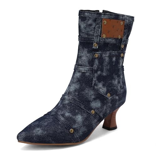 BEAUPAS Women's Denim Kitten Heel Boots Pointed Toe Low Heel Ankle Boots Chunky Vintage Zip Shoes(Dark Blue,8)