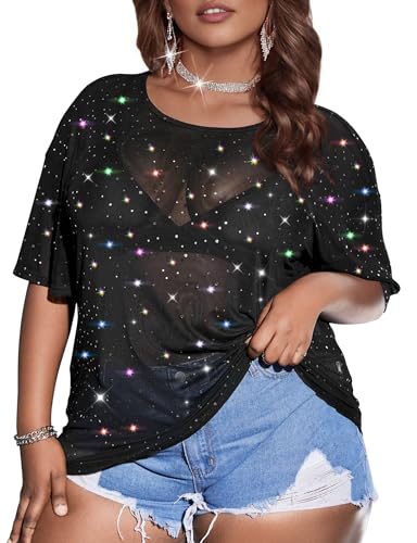 Buauty Plus Size Glitter Sheer Mesh Tops for Women Summer Black See Through T Shirt 2025 Sparkly Sexy Country Concert Outfits