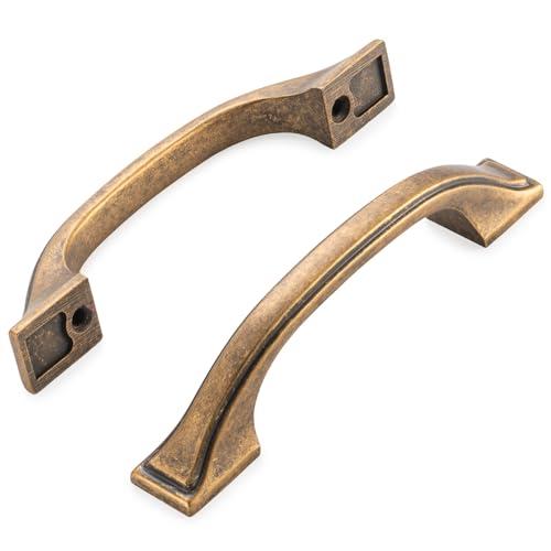 KOOFIZO Square Foot Craftsman Cabinet Bow Pull - Antique Brass Furniture Handle, 3 Inch/76mm Screw Spacing, 10-Pack for Kitchen Cupboard Door, Bedroom Dresser Drawer, Bathroom Wardrobe Hardware
