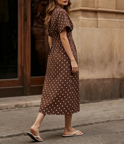 Image of MSBESYOR Women Button Front Pleated Shirt Maxi Dress Summer Striped Prints Short Sleeve Collar Casual Long Dresses