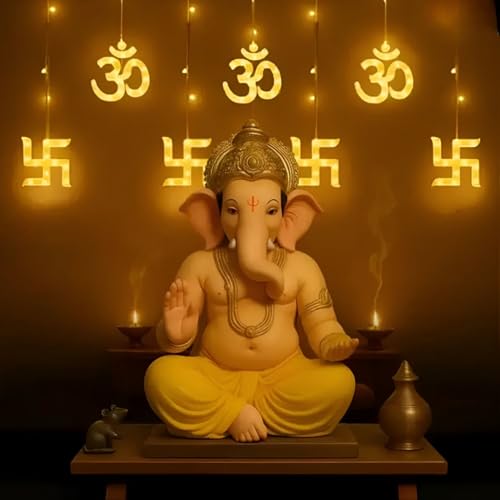 Image of HashWOW Om Swastik Curtain String Lights - 12 Hanging Symbols with 8 Flashing Modes, Warm White Decorative LEDs for Diwali & Festive Decor