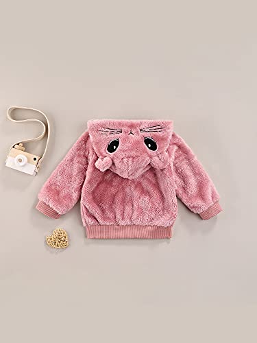 Toddler Girl Fleece Jacket Cartoon Cat Embroidery 3D Ear Hooded Zipper Long Sleeve Winter Coat Outwear (Pink, 1-2T) #TOP3