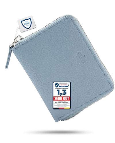 Baur Damen Geldbörse Echt Leder Geldtasche | Mini-Geldbeutel mit RFID Schutz | kleines Portemonnaie mit 6 Kartenfächer | Schein- & Münzfach | Rundumreißverschluss (Silber Reißverschluss, Tauben-Blau)