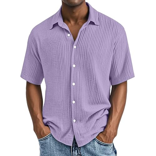 Image of Generisch Linen Shirt Men's Summer Shirts For Men Button-Down Summer Shirt Business Shirt Beach Shirt Holiday Casual Short Sleeve Linen Shirt Short Sleeve Casual Shirt Muslin Cotton Top, purple, 4XL
