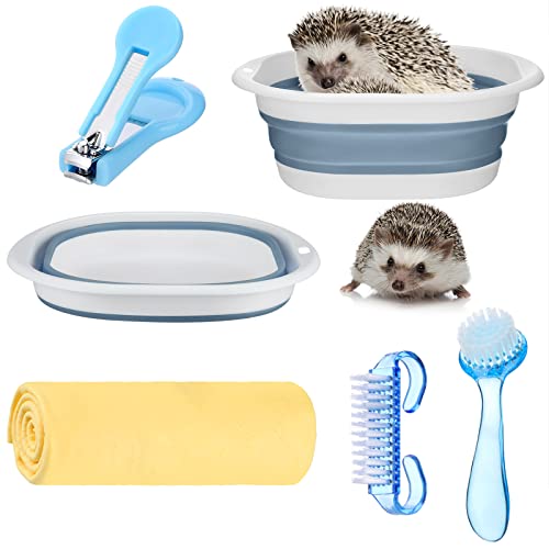 5 Pcs Hedgehog Bath Supplies Hamster Sand Bath Small Animal Pet Bathroom Include Foldable Bathtub, 2 Pcs Cleaning Brush Tool, Bath Towel, Clippers Claw Trimmer for Hamster Gerbil Squirrel(Blue-White)