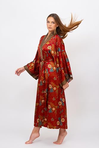 Luxury Batik Silk Blend Robe for Women – Long Kimono with Floral Print – Soft, Lightweight, Machine Washable3
