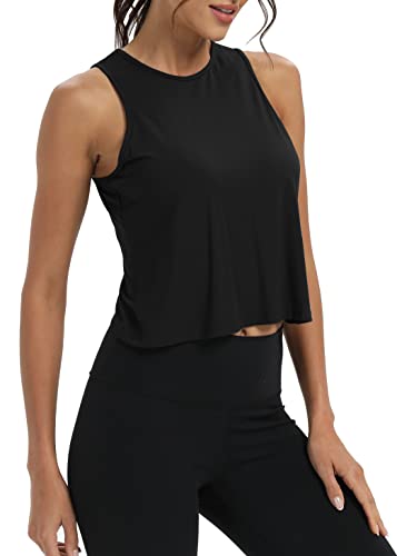 Image of Mippo Workout Tops for Women Cropped Open Back Sleeveless Tank Tops Athletic Gym Yoga Shirts Loose Fit