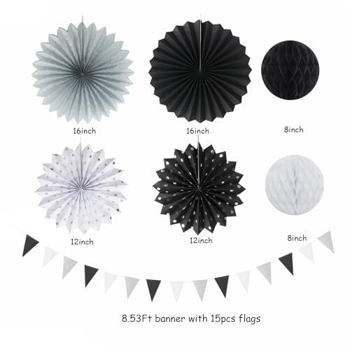 Image of Black White Silver Party Decorations - 20pcs New Year Men Birthday Paper Lanterns Fans,Tissue Pom Poms,Honeycomb Balls,Bunting,Wedding Bachelorette Bridal Graduation Baby Decor Burgleda